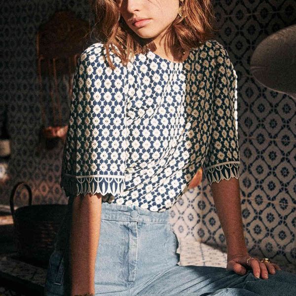 

blouses gaby embroidery blouse women summer short sleeve o neck chic elegant shirts vintage floral tunic kv8v, White