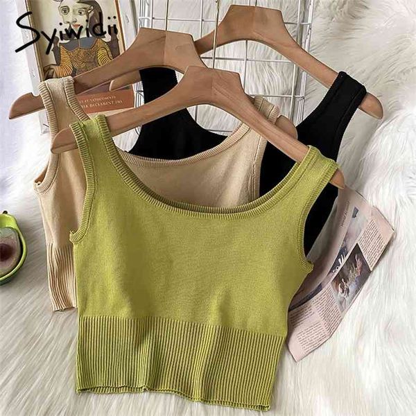 

screw thread camis women casual crop knitted solid black green tank summer fashion short clothing 210607, White