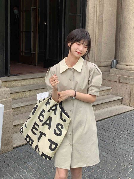 

casual dresses loose collar lapel bubble sleeve waist slim single breasted middle skirt yx7e, Black;gray