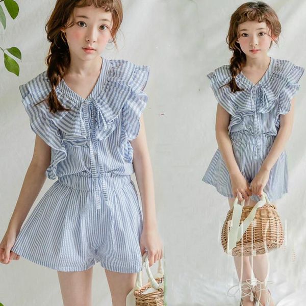

girls clothing set 2021 summer kids princess ruffles baby striped shirt + short pants suit preppy style,#2874 sets, White