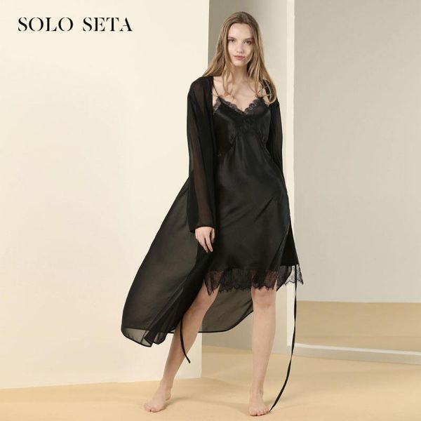 

soloseta heavy silk robe 100% female long classic black mulberry dressing gown household to take women's sleepwear, Black;red