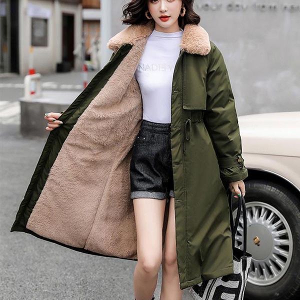 

women's wool & blends 2021 women cotton clothes korean loose jacket lady lamb hooded padded casual warm windbreaker thicken zipper long, Black