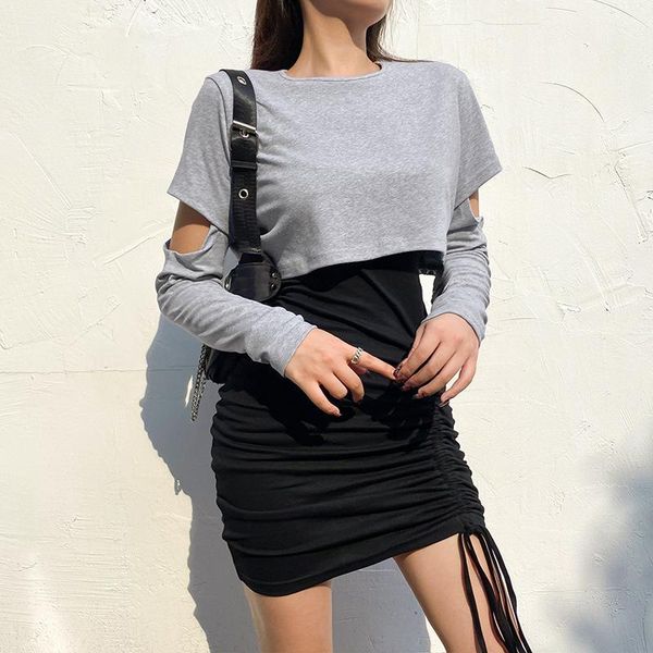 

casual dresses 2021 autumn women commuter hollow pleated slim long sleeve dress two piece suit simple 2 peice set, Black;gray