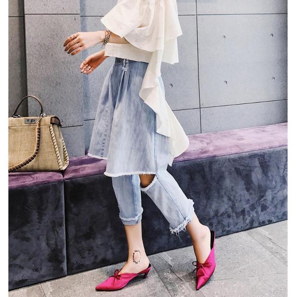 

europe women's summer 2021 baggy seven-breecks european chic jeans ripped trousers., Blue