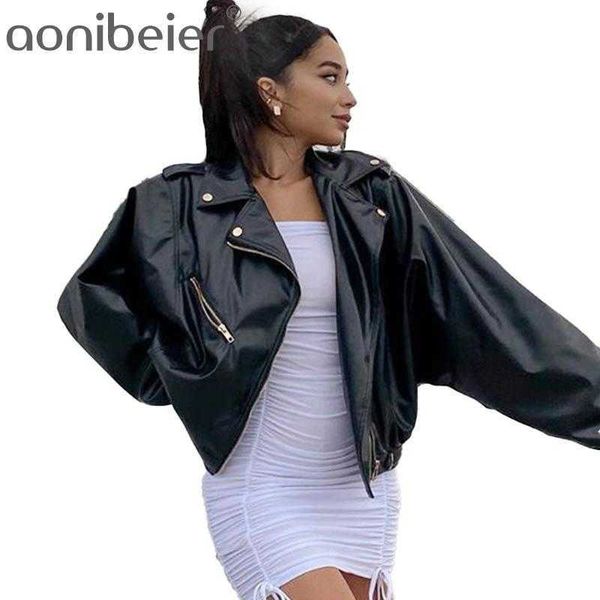 

turn down collar long women zipper chic pu motorcycle jackets puff sleeve black faux leather casual 210604