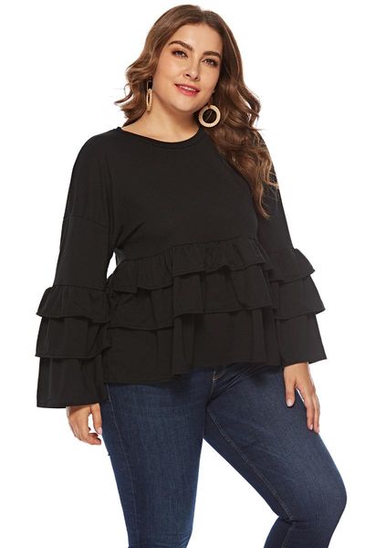

women's blouses & shirts xl to 4xl plus size women o-neck ruffles long sleeve casual shirt black blusas mujer de moda t0112, White