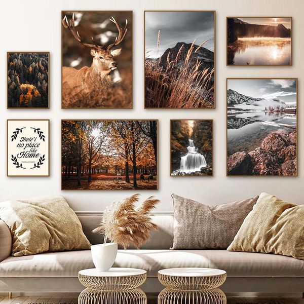 

paintings forest elk lake mountain autumn canvas painting art nordic posters and prints wall pictures for living room decoration frameless