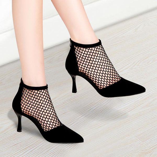 

boots pointed toe summer women's thin 2021 spring and autumn breathable net 6cm high heel sandals stiletto ankle, Black