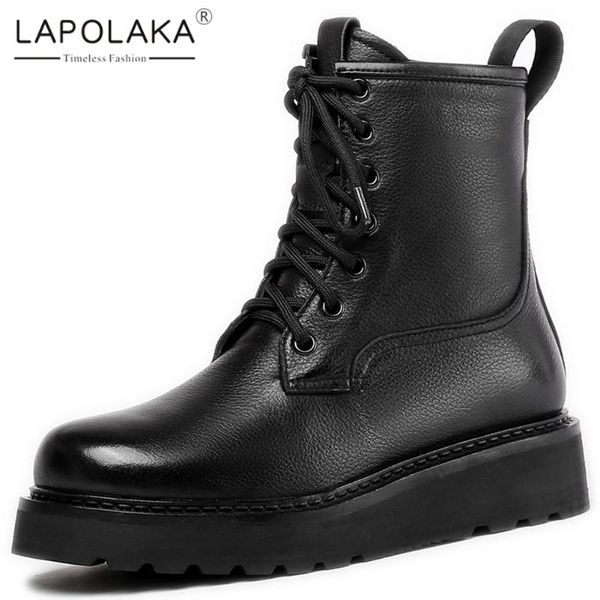 

boots lapolaka design genuine leather comfy square heels shoes women ladies lace up platform non slip booties, Black