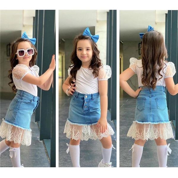 

clothing sets 2pcs kids summer outfits splicing o-neck puff sleeves t-shirt + gauze stitching buttons denim skirt for girls 1-6 years, White