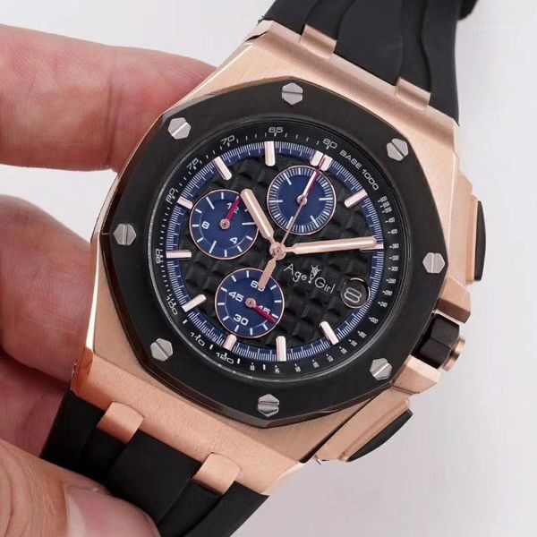 

classic men watch chronograph sapphire stainless steel black rubber rose gold silver luminous satch sport wristwatches, Slivery;brown