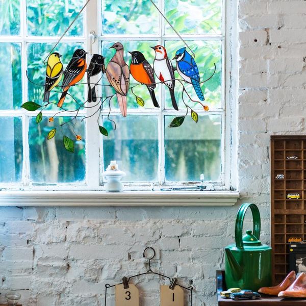 

decorative objects & figurines multicolor birds on a wire high stained glass suncatcher window panel series ornaments pendant home decoratio