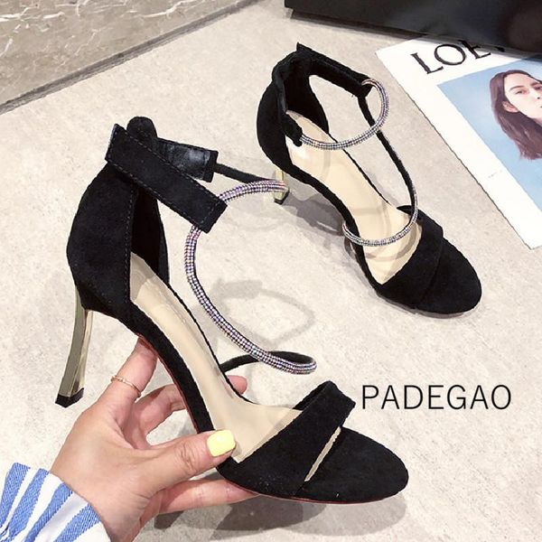

women sandals black flock high-heeled shallow crystal summer fashion women's