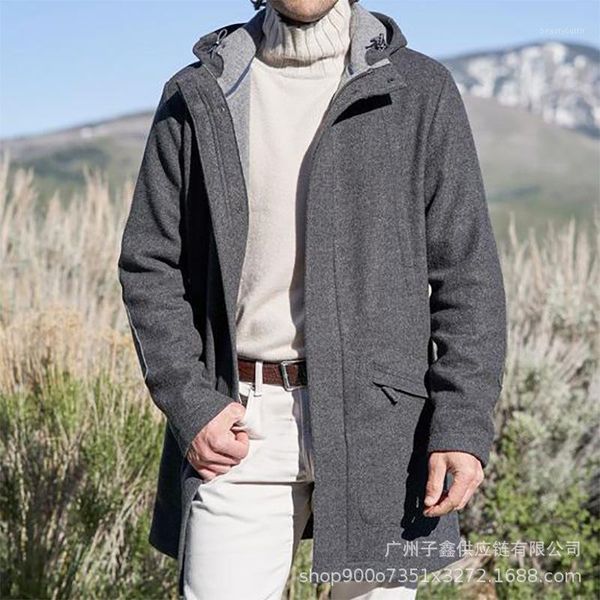 

men's trench coats woolen windbreaker coat 2021 fashion solid thickened hooded jacket slim fit windbreak long outwear male winter, Tan;black
