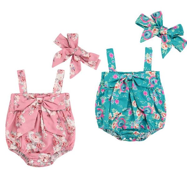 

jumpsuits emmababy baby girls clothes 2pcs summer outfits cute floral print sleeveless bow front strap rompers with headband set, Blue