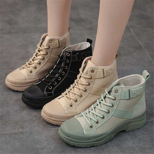 

boots 2021 spring autumn women black khaki platform ankle fashion brand canvas lace-up outdoor motorcycle botas mujer
