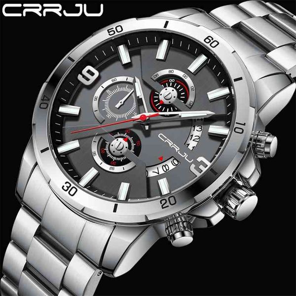 

crrju watches for men watch luxury sports chronograph quartz wristwatch stainless steel waterproof watch men relogio masculino 210804, Slivery;brown