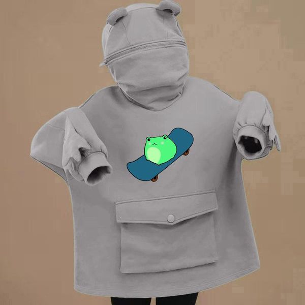 

women's hoodies & sweatshirts harajuku sweatshirt women stitching three-dimensional pocket cute frogs design pullover sweatershirt kawa, Black