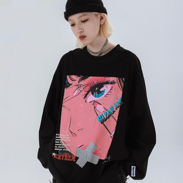 

men's hoodies & sweatshirts cartoon girl print long sleeve pullover shirt 2021 loose streetwear hip hop harajuku cotton unisex, Black