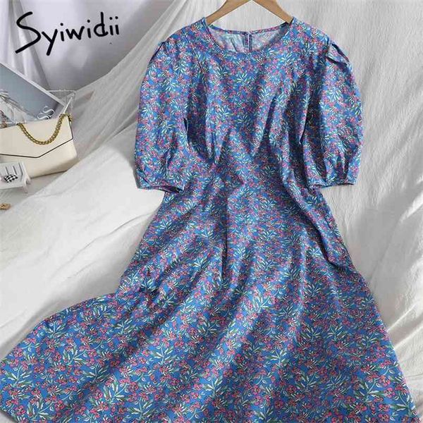 

green floral print high waist dresses women button up puff sleeve o-neck a-line clothing summer korean fashion 210607, Black;gray