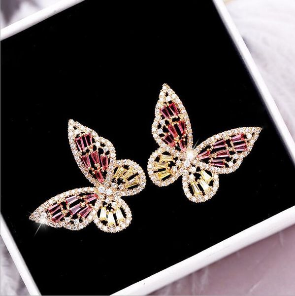 

luxury baguette cubic zircon stud earrings for women fashion mutilcolor pink butterfly ear wedding jewelry gift, Golden;silver