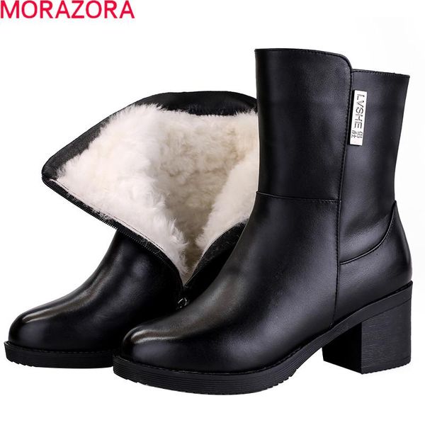 

boots morazora 2021 genuine leather square heels round toe nature wool snow winter keep warm ankle for woman, Black
