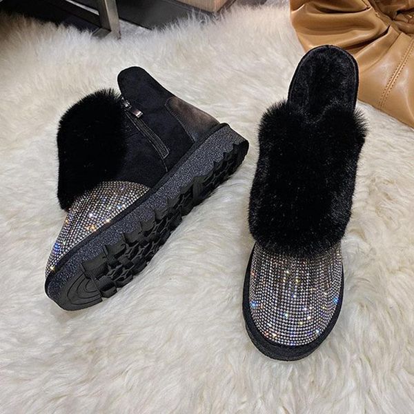 

boots women's winter shining crystal snow 2021 warm long plush ankle fur mujer round toe platform flat shoes woman, Black