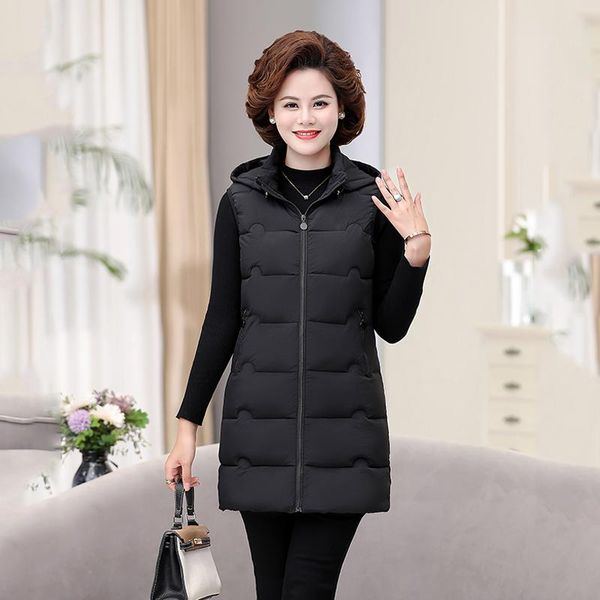 

women's vests solid long sleeveless jacket hooded zipper casual winter ladies pockets vest warm cotton waistcoat for female, Black;white