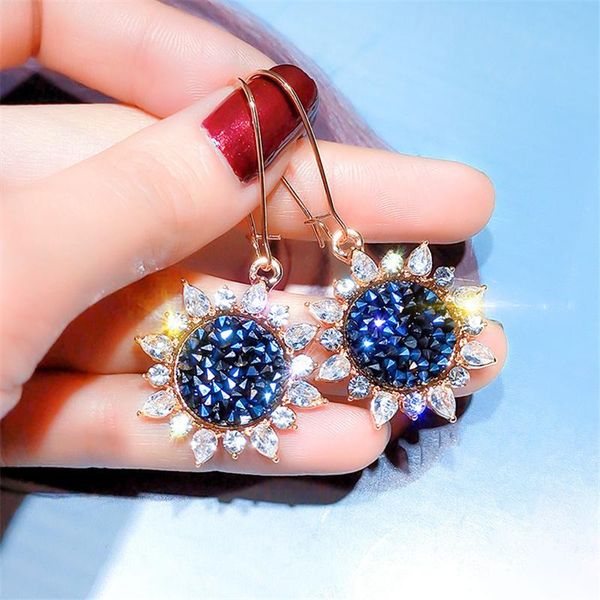 

dangle & chandelier exquisite korean style earrings for women wedding party blue sunflower crystal zircon hook fashion jewelry gift, Silver