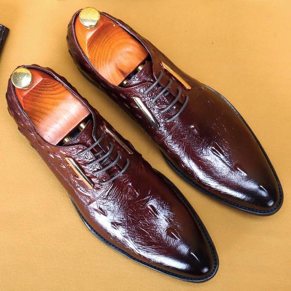 

lacing mens formal shoes italian genuine leather wedding business oxford brogue black wine red pointed toe men dress shoe