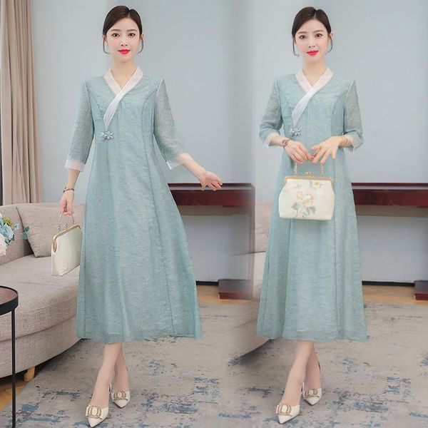 

casual dresses hanfu chinese wind modified linen jacquard qipao dress female summer cotton and zen tea art, Black;gray