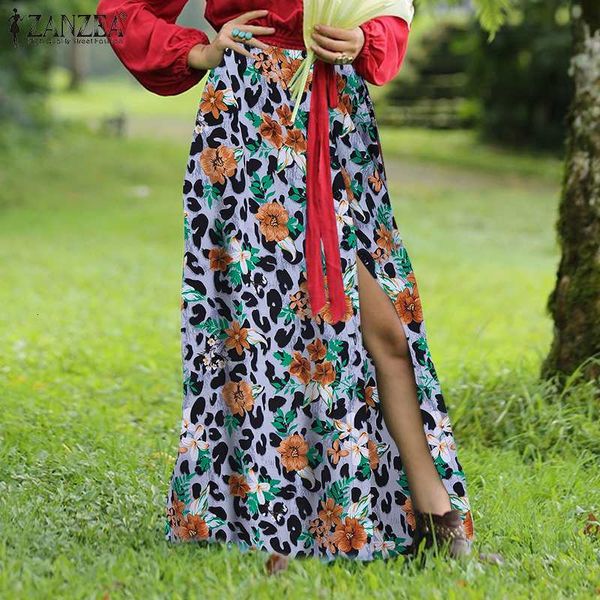 

skirts leopard skirt casual side slit bohemian dress floral printed holiday party women summer elastic waist female long 9msq, Black