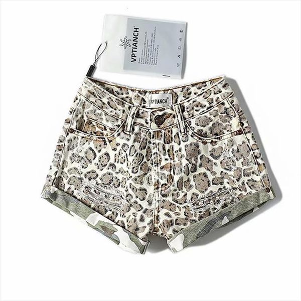 

leopard print denim pocket hole womens short high waist jeans streetwear summer fashion loose wide leg pants, White;black