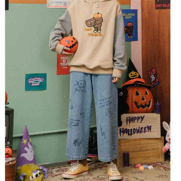 

cartoon graffiti womens cute wide leg autumn winter straight capris loose denim female student jeans pants women, Blue