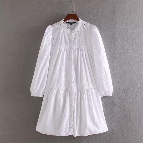 

elegant hollow out embroidery women camis casual white shirtdress long sleeve lace edge vestidos chic mini dresses ds3435