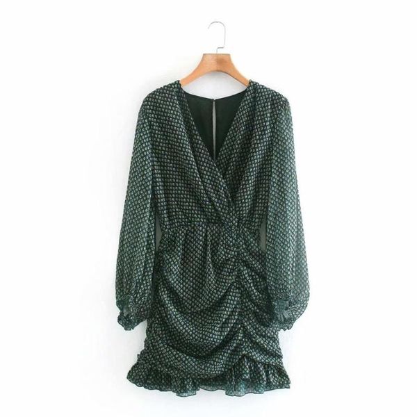 

flabbit 2021 women cross v neck printing pleated vestido chic dress female lantern sleeve casual slim ruffles clothing ds1116 dresses, Black;gray