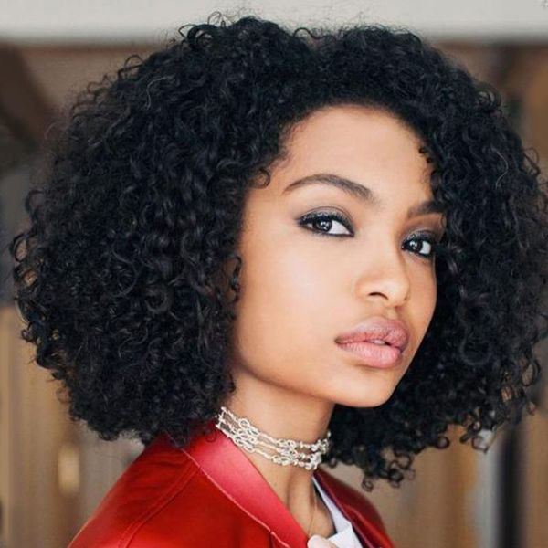 

joedir jerry curly lace front human hair wigs brazilian natural kinky wig remy short bob, Black;brown