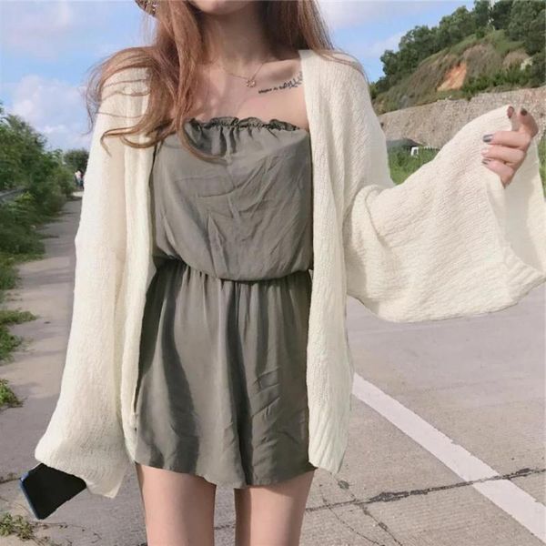 

women's knits & tees spring medium and long knitted cardigan sunscreen clothes lazy korean hollow out foreign style loose jacket, White