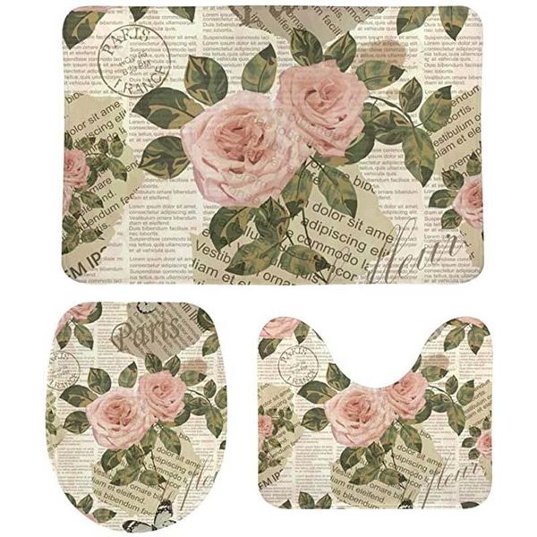 

carpets bathroom rugs and mats sets 3 piece paris vintage roses washable non slip u-shaped contour rug mat lid cover for