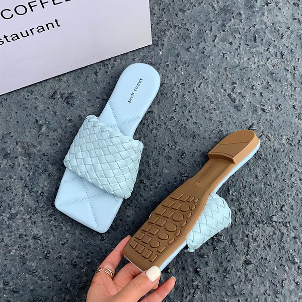 

2021 summer luxury weave square toe women sandals platform slippers flat heel beach sandal slides leather sole fashion white flip flops indo, Black