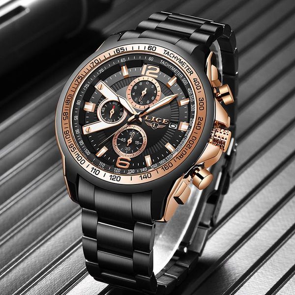 

wristwatches mens watches lige stainless steel fashion wrist watch for men waterproof date quartz relogio masculino, Slivery;brown