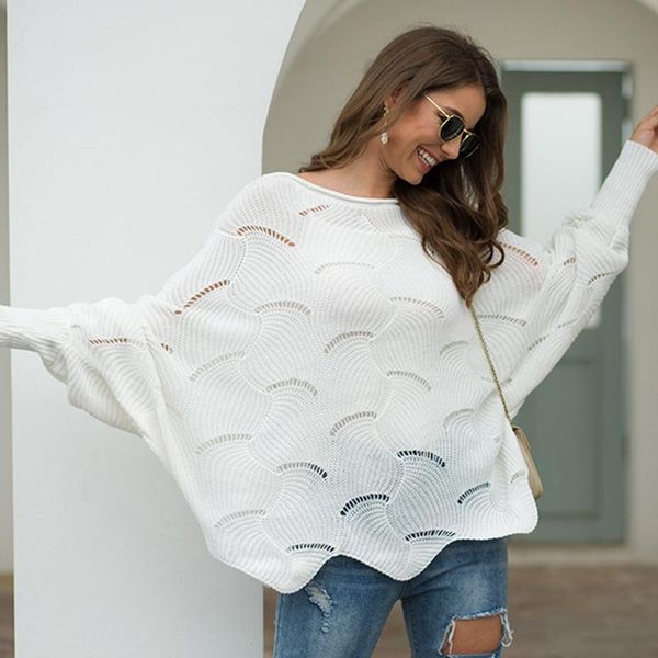 

women's sweaters 2021 autumn winter casual sweet women knitted solid pullover loose sweater batwing sleeve o-neck hollow out elegant, White;black