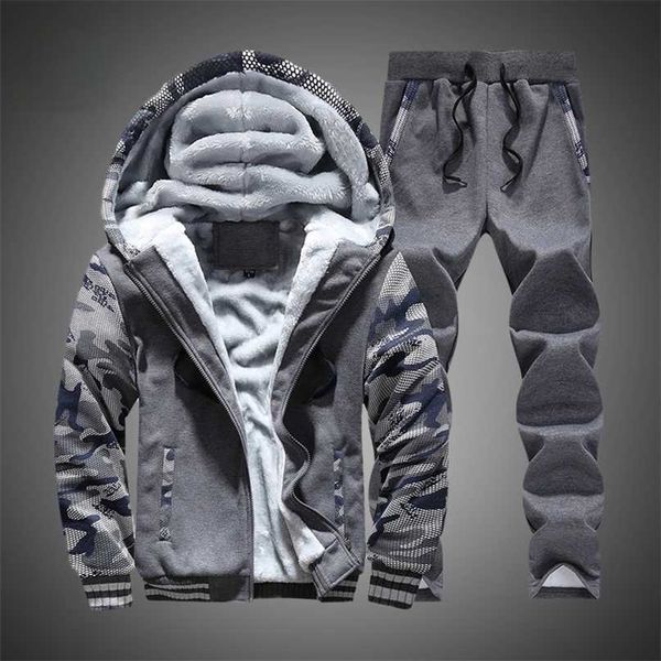 

winter tracksuits men set thick fleece hoodies+pants suit zipper hooded sweatshirt sportswear male hoodie sporting suits 211106, Gray