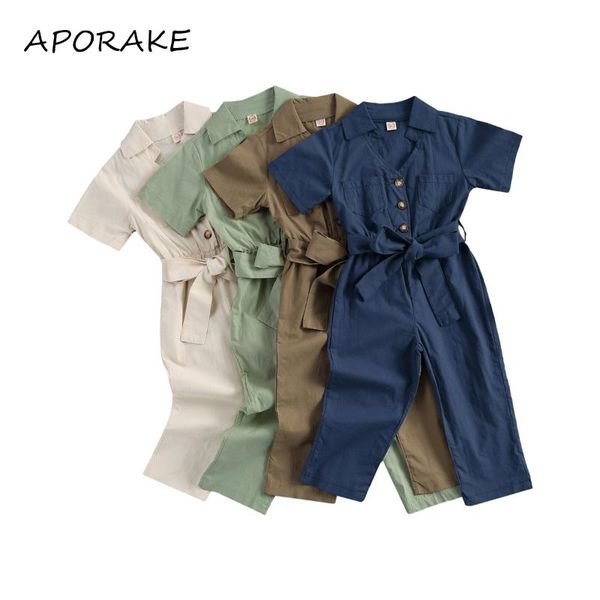 

1-6y kids baby girl boy rompers overalls button down jumpsuit short sleeve lapel solid color belted one-piece coverall jumpsuits, Blue