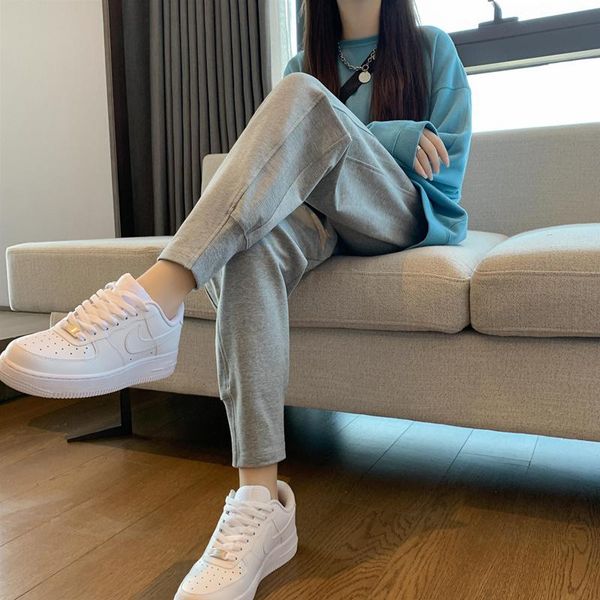 

women's pants & capris gray sports female spring and autumn 2021 loose tappered slimming big children small pure cotton casual sweatpan, Black;white