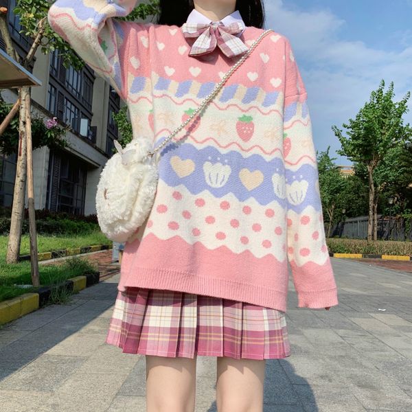 

japanese kawaii knitting sweater women cute stberry printing long sleeve pullover new autumn winter vintage pink knitting top, Black