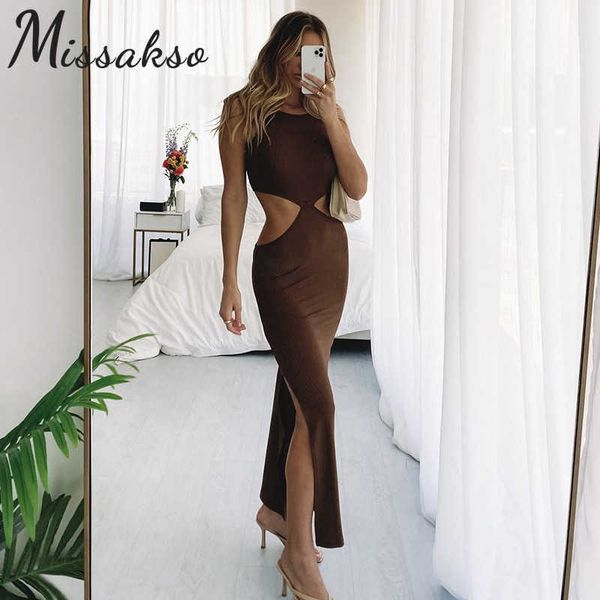 

missakso ribbed hollow out split dress holiday party summer women blue brown sleeveless backless high waist midi dress 210625, Black;gray
