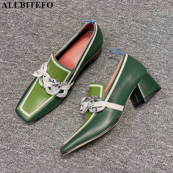 

allbitefo chain design square toe soft genuine leather women high heels shoes comfortable fashion women heels shoes high heels 210611, Black
