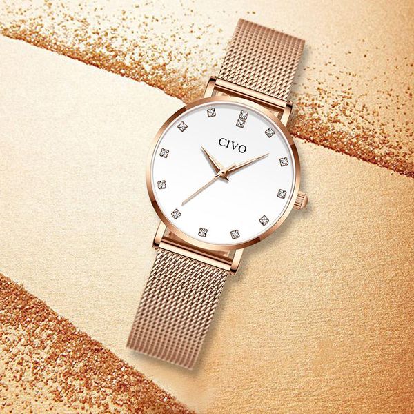 

wristwatches civo 2021 fashion ladies watches women luxury diamond bracelet watch waterproof slim steel quartz clock, Slivery;brown
