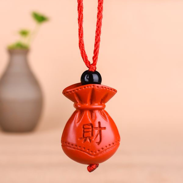 

chinese natural red organic cinnabar fortune bag necklace pendant hand-carved charm jewellery fashion man lucky amulet gifts, Silver